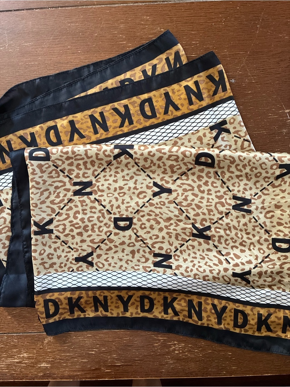 DKNY Leopard Motif Silk Scarf in Black and Tan